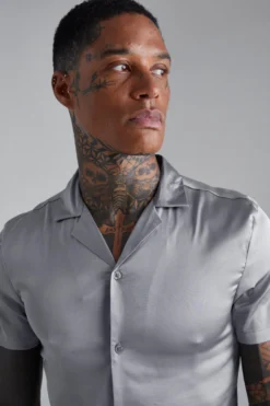 Chemise Satinée Cintrée à Manches Courtes -Promos Coutuvelle Magasin bmm29383 grey xl 3 scaled